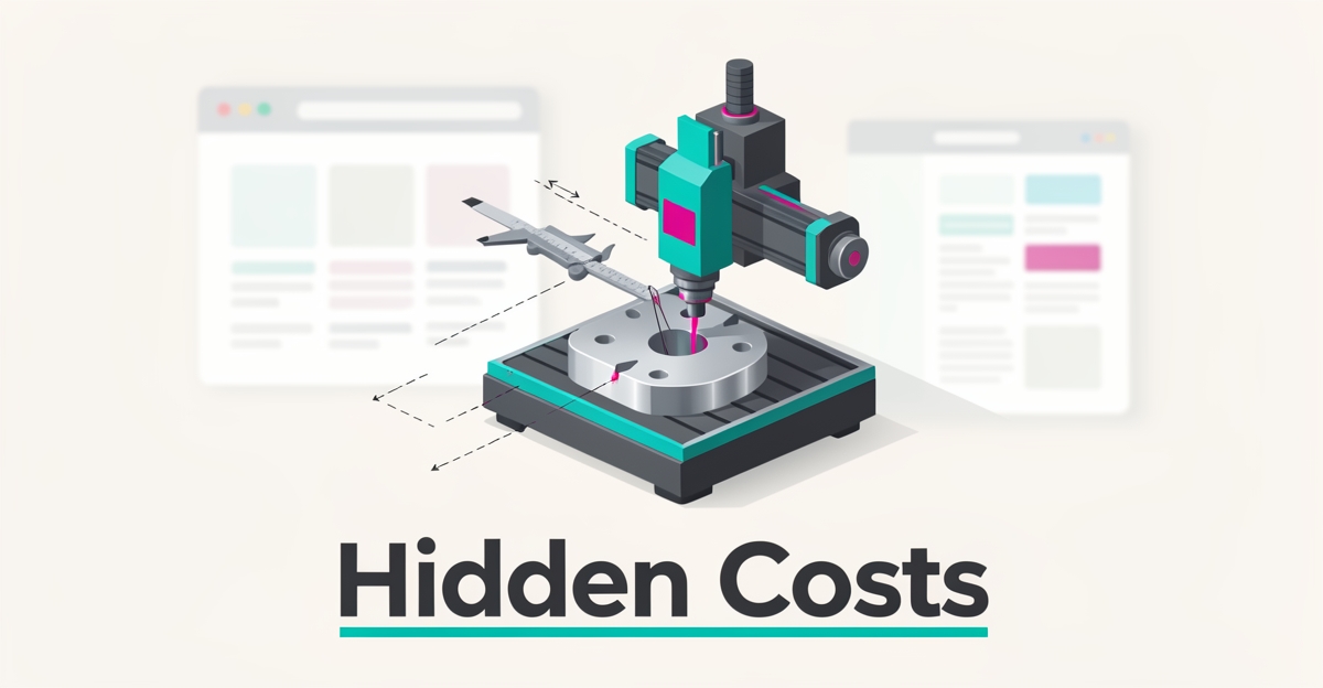 Flat illustration of a CNC milling machine with precision calipers beside a fading vague webpage, headline reading Hidden Costs.