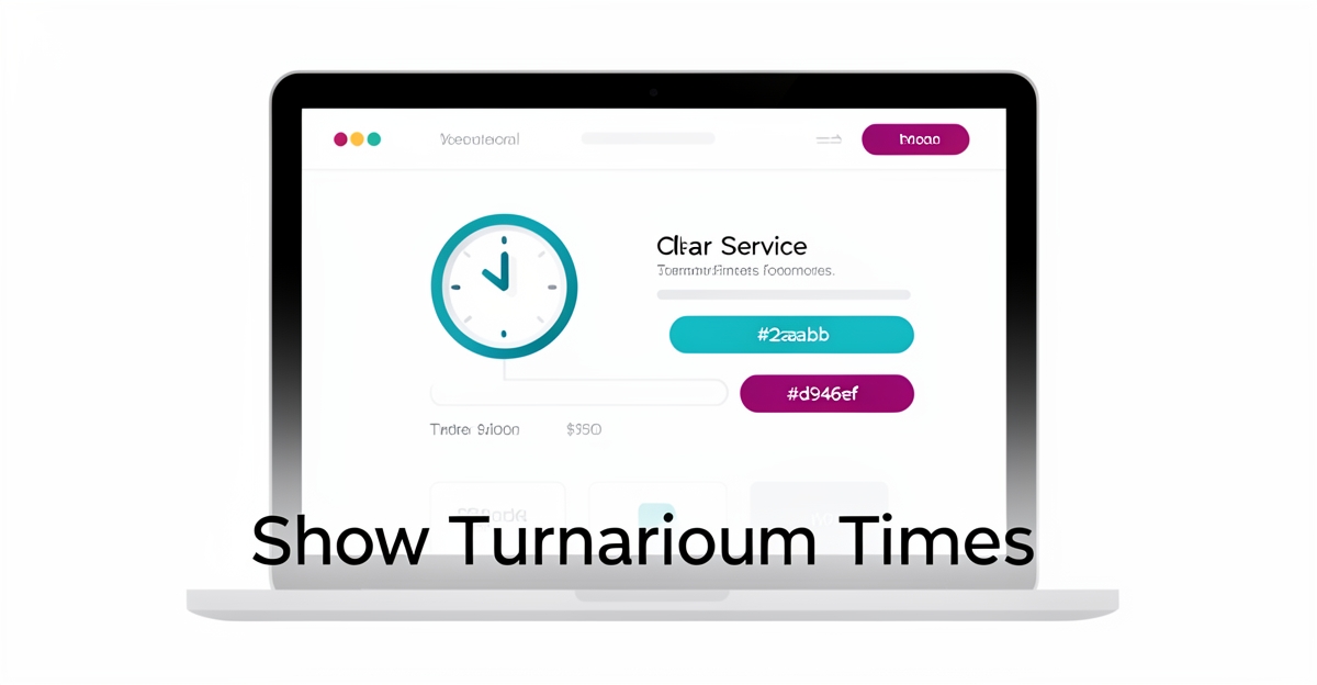A minimalist website interface displaying clear service timelines with brand-colored accents, featuring the headline 'Show Turnaround Times' in the lower third as a modern design accent