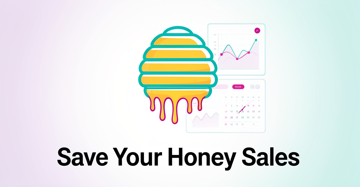 A minimalist flat illustration of a beehive with digital dashboard elements, featuring honey dripping into data graphs, using brand colors teal and magenta as accents.