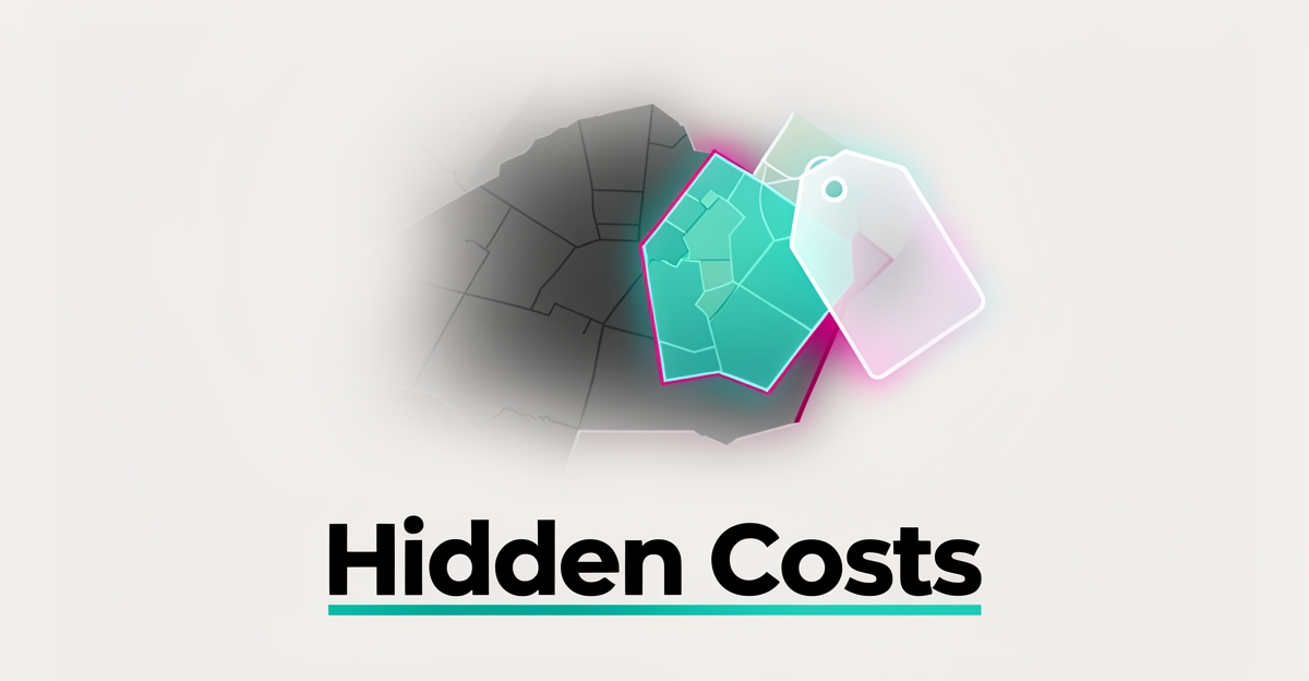 Flat illustration of a neighborhood map with shadowed hidden service areas and a veiled price tag, highlighting hidden costs in packing services.
