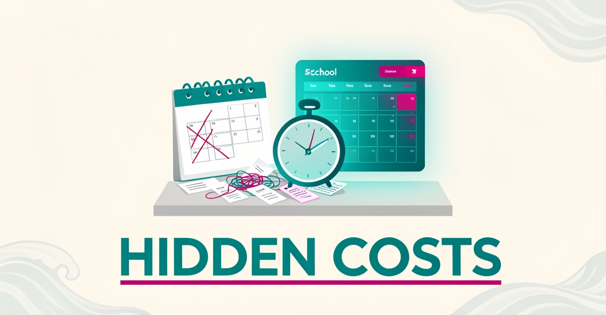 Flat illustration of tangled paper booking slips beside a sleek digital calendar, highlighting hidden costs of manual surf lesson bookings.