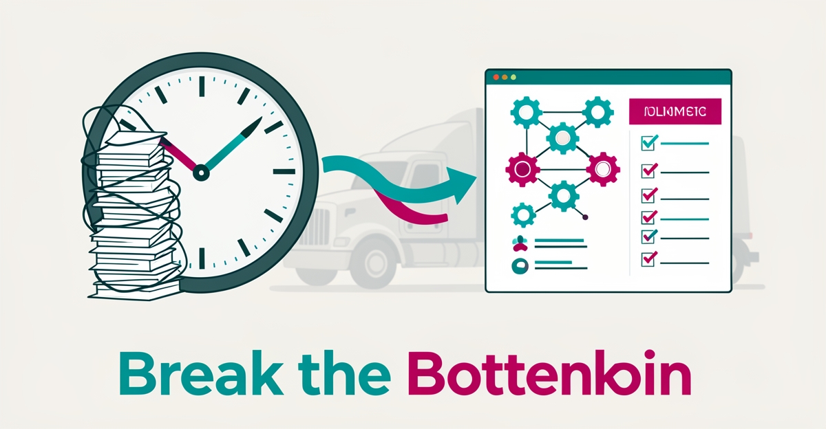 Flat illustration of tangled manual paperwork transforming into an automated digital workflow with a clock and truck silhouette, accented in teal and magenta.