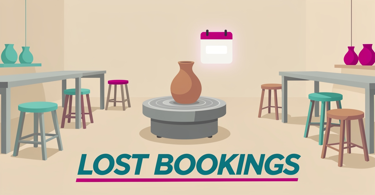 Flat illustration of an empty pottery studio with a calendar showing a missed booking slot, headline reading Lost Bookings.