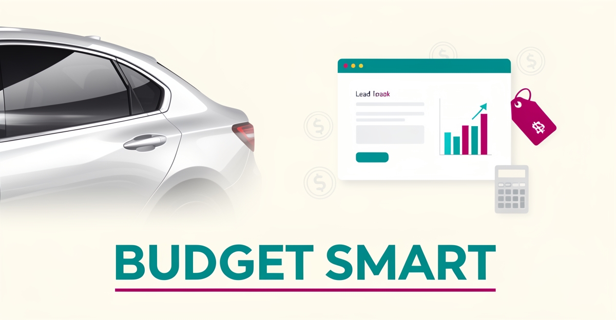 Flat illustration of a glossy ceramic-coated car panel beside website UI, charts, and budget icons with teal and magenta accents.