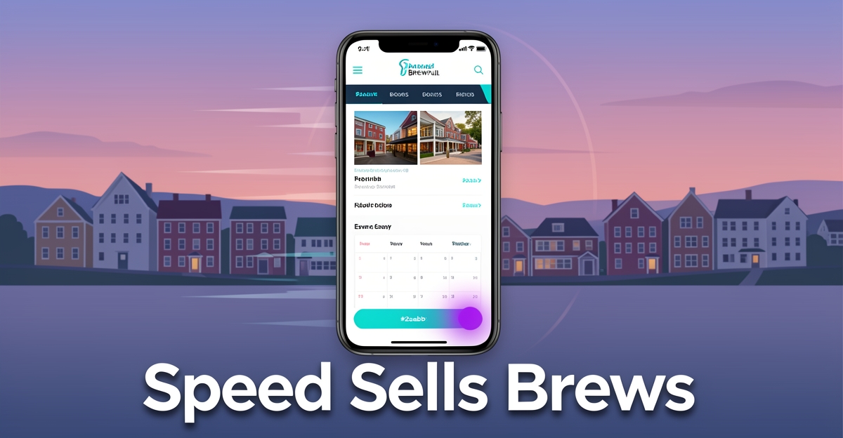 A modern mobile phone showing a fast-loading brewpub website with urban Nova Scotia skyline background, emphasizing speed and performance.