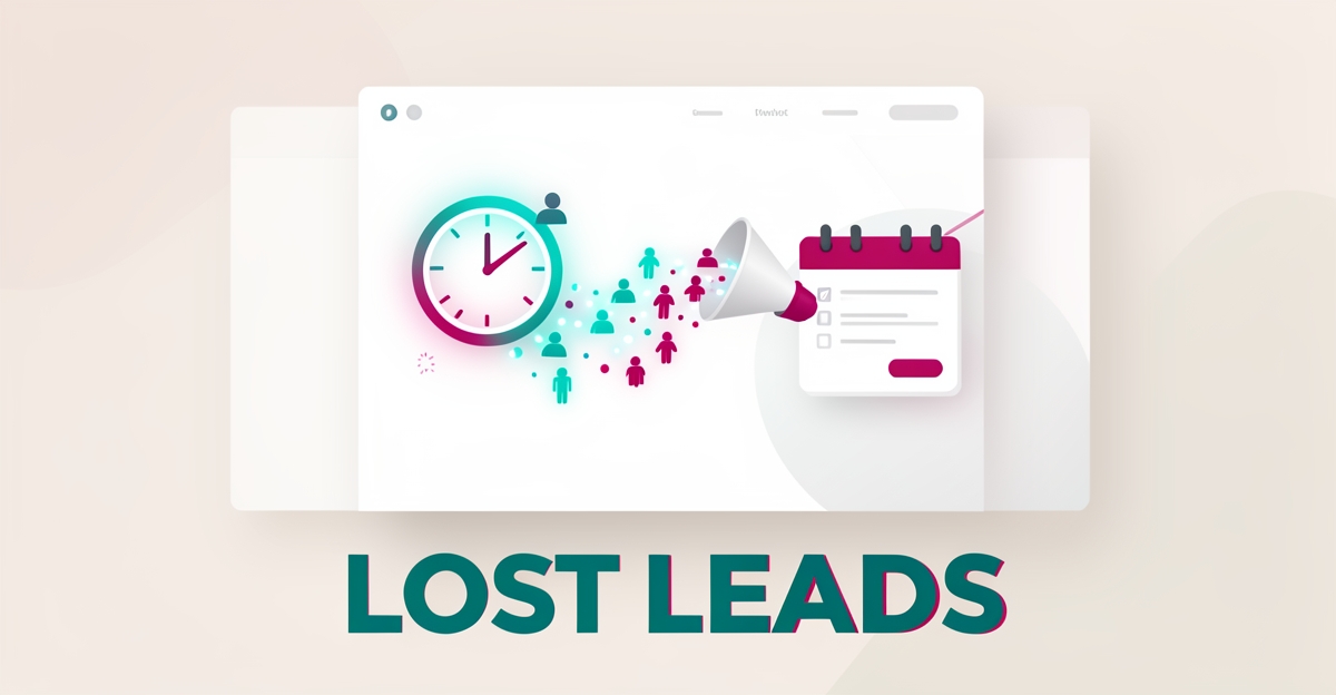 Flat illustration of a website losing glowing lead icons while a clock ticks, with a calendar booking card catching them, accented in teal and magenta.
