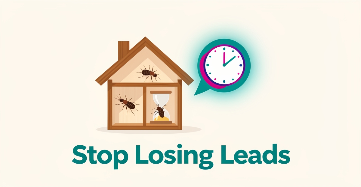 Flat illustration of a termite-infested house with a clock and chat bubble symbolizing instant AI responses for pest control businesses.