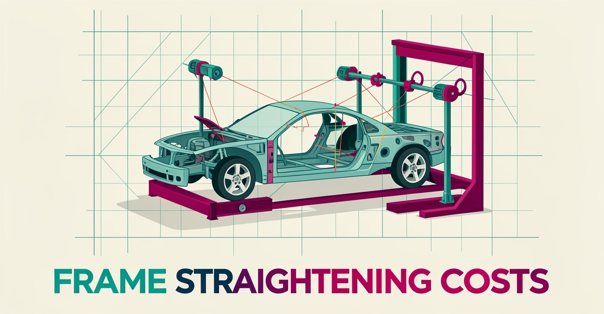 Flat illustration of a car chassis on a frame straightening machine with laser measuring sensors in teal and magenta accent colors.