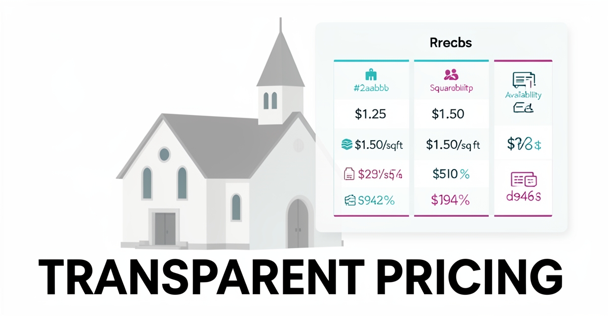 A clean flat illustration of a church with subtle digital pricing overlay in brand colors, symbolizing transparent facility pricing for rental conversion.