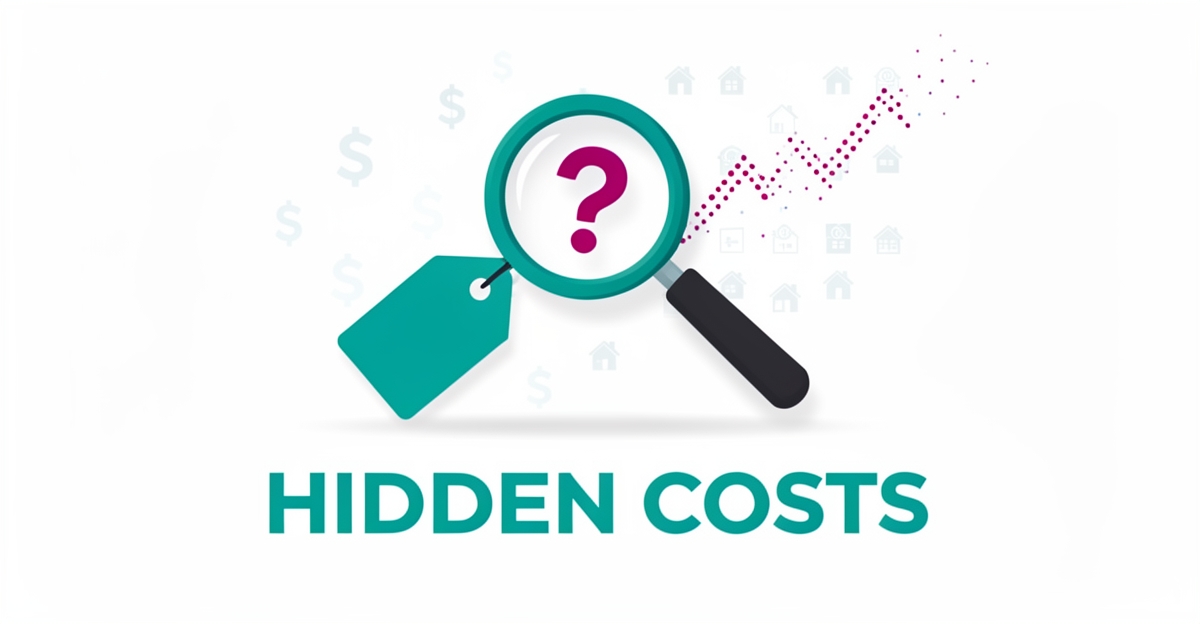 Flat illustration of a magnifying glass revealing a question mark on a price tag, symbolizing hidden pricing costs for local service businesses.