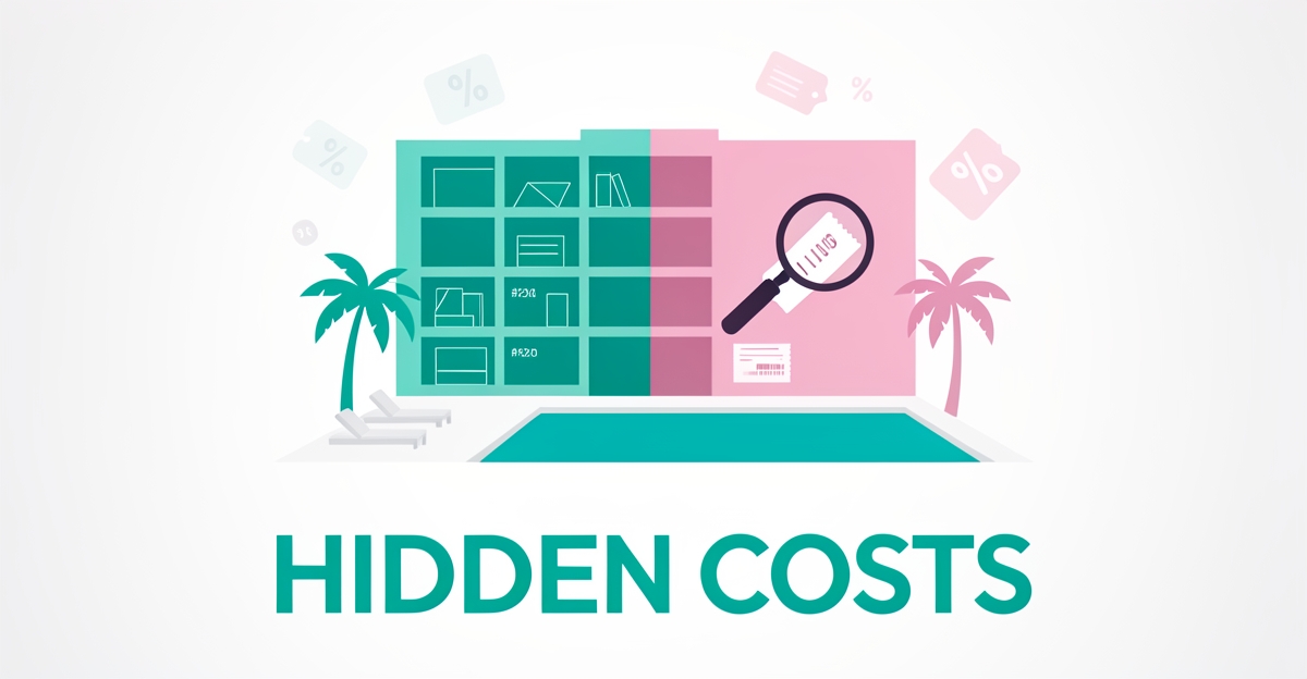 Flat illustration of a resort building with a magnifying glass revealing hidden price tags, symbolizing transparent timeshare pricing.