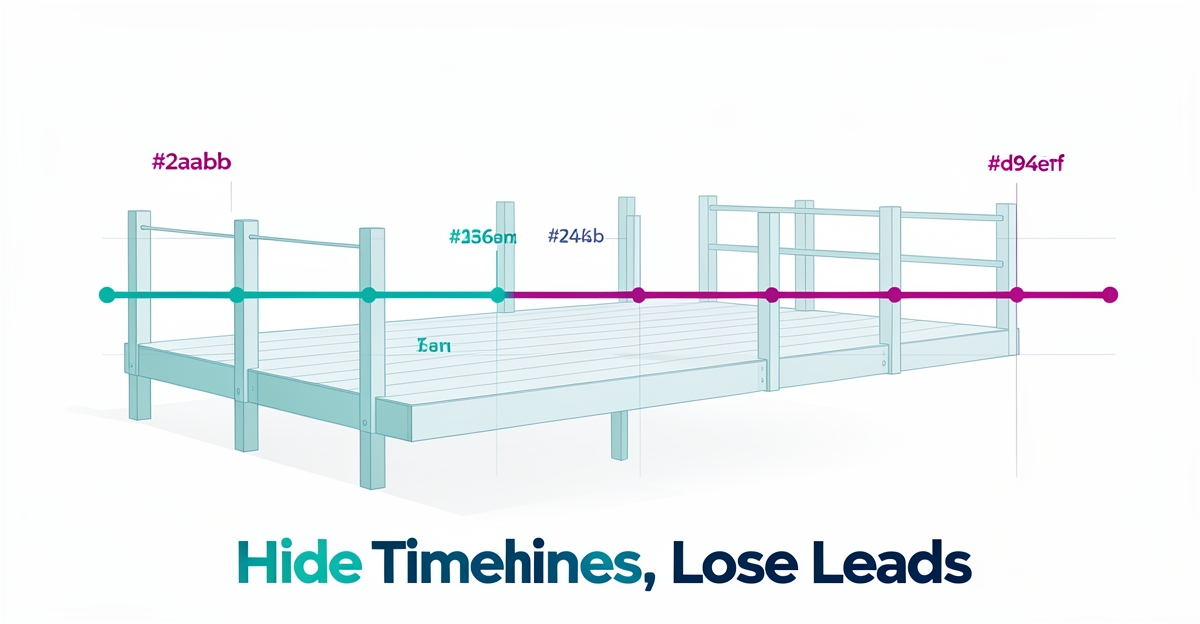 A minimalist flat illustration of a deck under construction with a timeline graphic and the headline 'Hide Timelines, Lose Leads' in the lower third, using brand colors teal and magenta as accents.