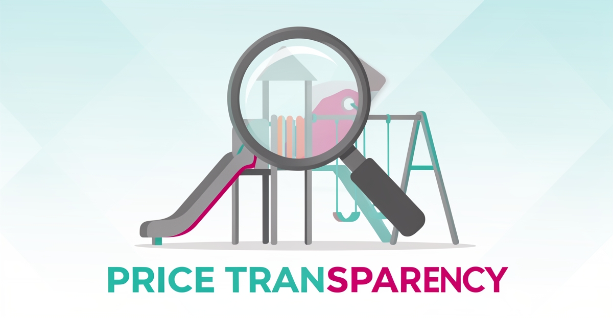 Flat illustration of a magnifying glass revealing a hidden price tag on a stylized playground, with the headline Price Transparency.