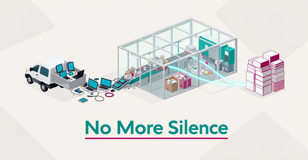 Flat illustration of old electronics moving through a transparent recycling facility with tracking lines and the headline No More Silence.