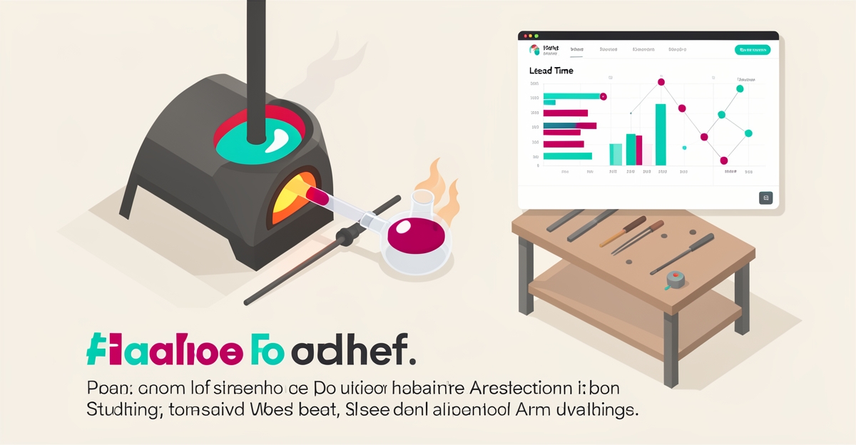 Flat illustration of a glassblowing studio with furnace, annealing kiln and AI dashboard showing real-time lead times.