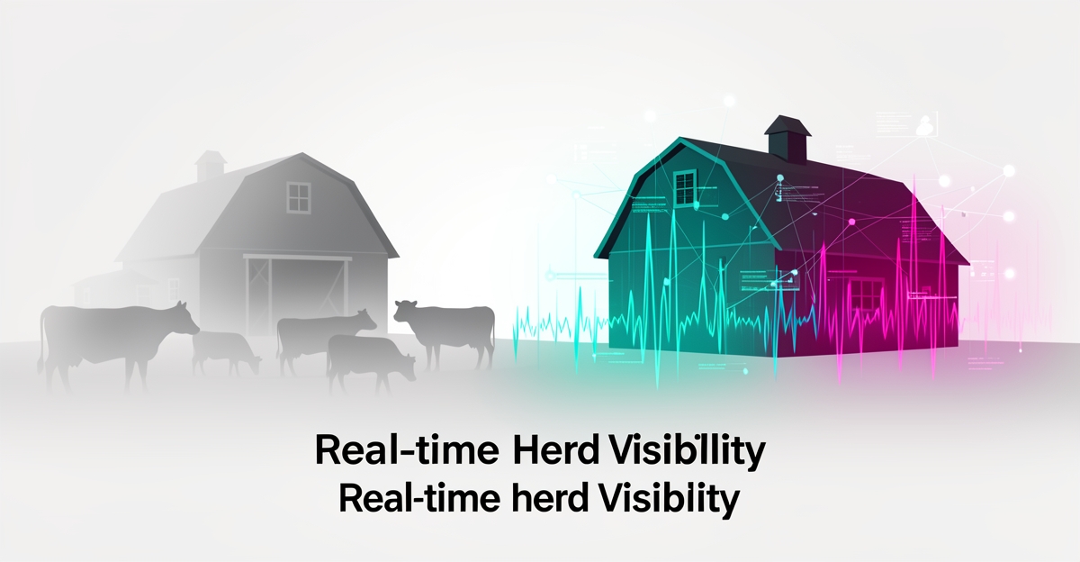 Flat illustration of a dairy farm fading into fog on one side and glowing with teal and magenta live data streams on the other, with the headline 'Invisible Herds'.