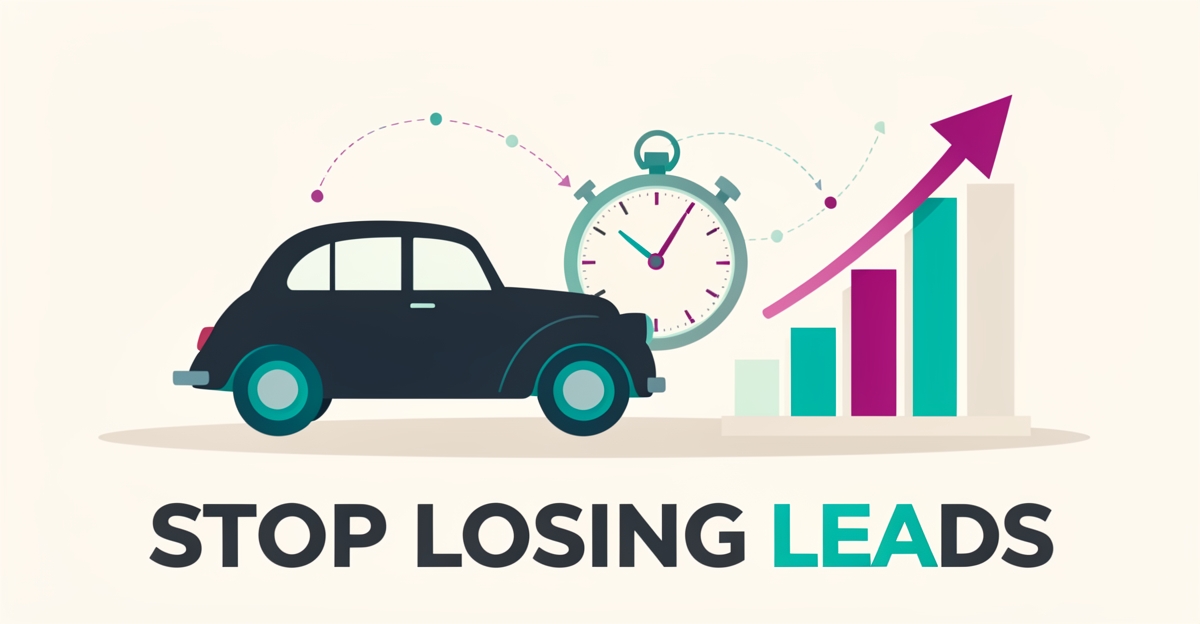 Flat illustration of a car in a service bay with a stopwatch and rising profit chart, accented in teal and magenta, with headline 'Stop Losing Leads'.