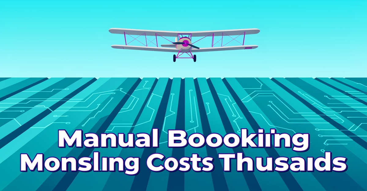 A minimalist flat illustration of a crop duster flying over a geometric field with digital accent lines, symbolizing AI-powered booking efficiency in agriculture.
