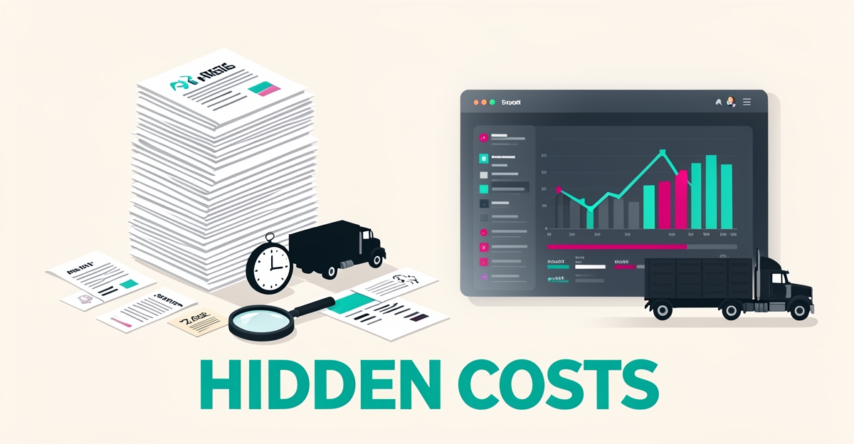 Flat illustration of stacked trucking permit paperwork beside a clock and digital dashboard, highlighting the hidden costs of manual document handling.