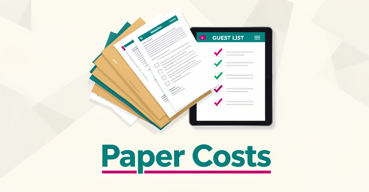Flat illustration of paper waivers and folders transforming into a digital tablet guest list, accented in teal and magenta.