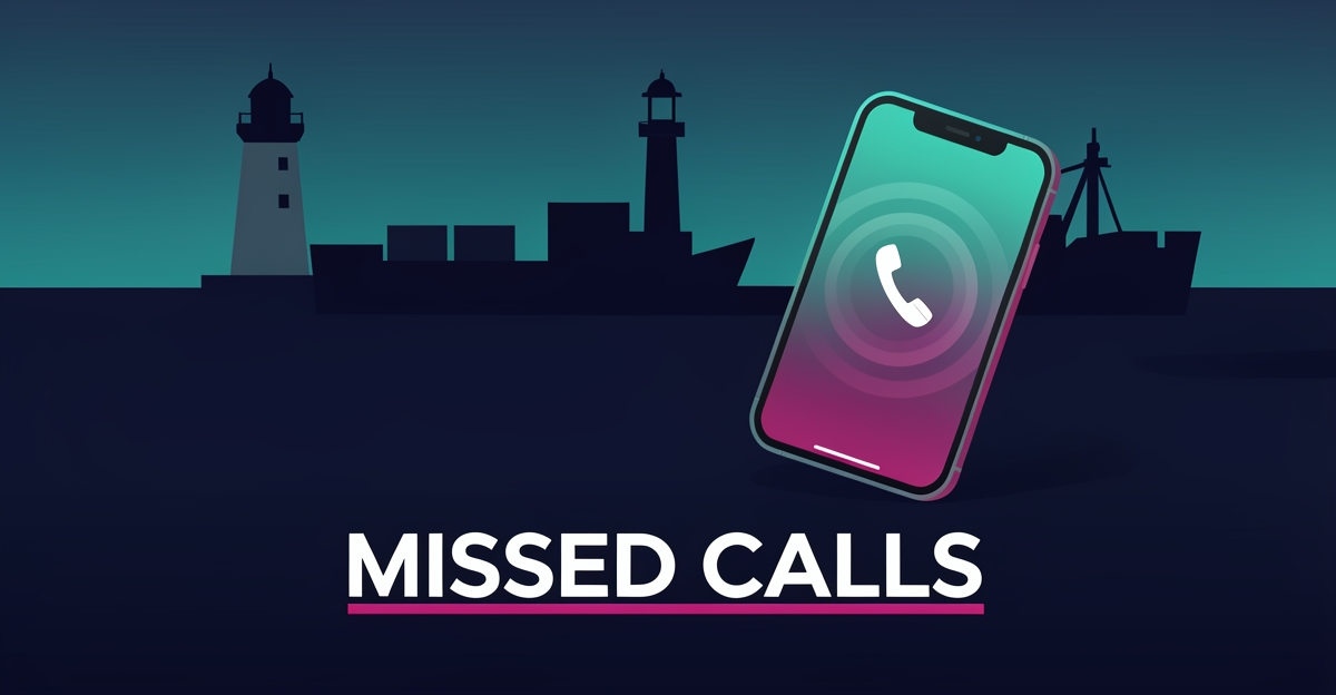 Flat illustration of a harbor with a cargo ship and a smartphone showing a missed call, symbolizing lost maritime clients after incidents.