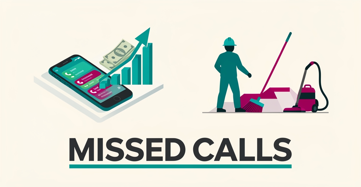 Flat illustration of a ringing smartphone with missed call alerts beside rising cost charts and construction cleanup tools in teal and magenta.
