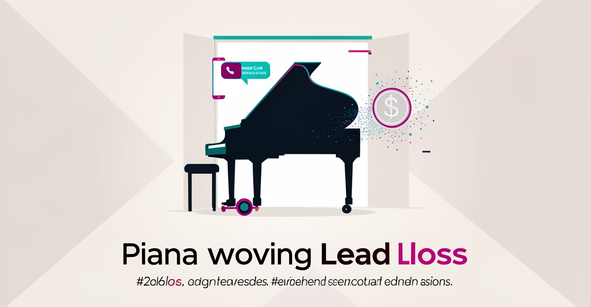 Flat illustration of a grand piano with missed call icon and dissolving coins showing lost revenue for piano movers.