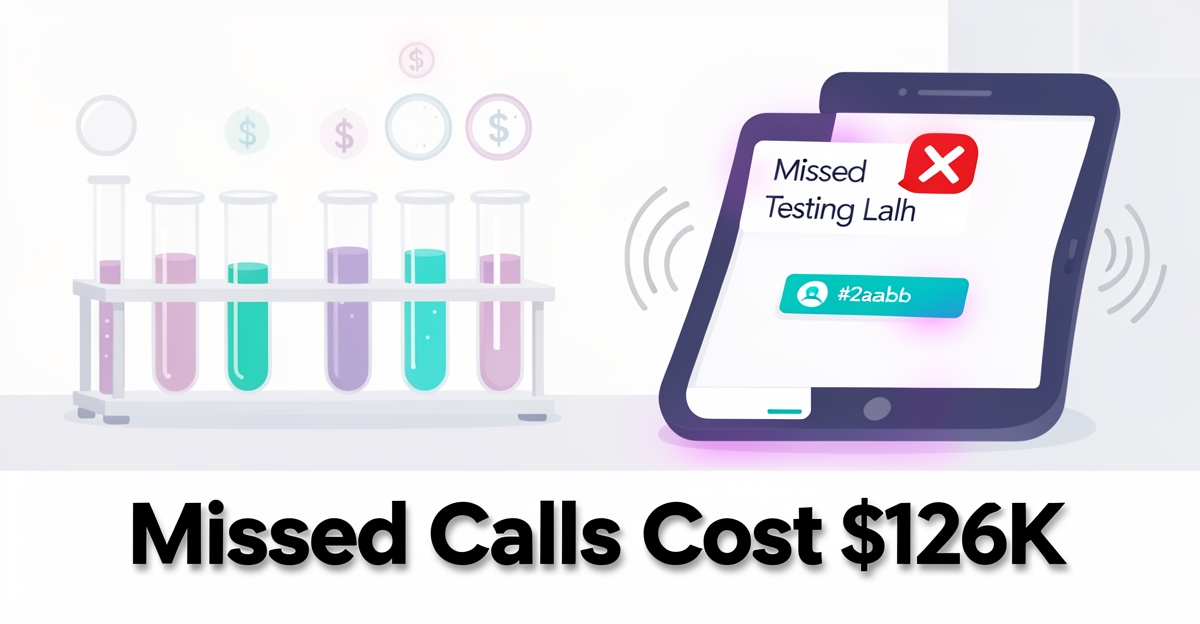 A minimalist flat illustration of a soil testing lab with a missed phone call icon and floating dollar symbols, visualizing $126K in annual losses from unanswered calls, using brand colors #2aabb6 and #d946ef as accents.
