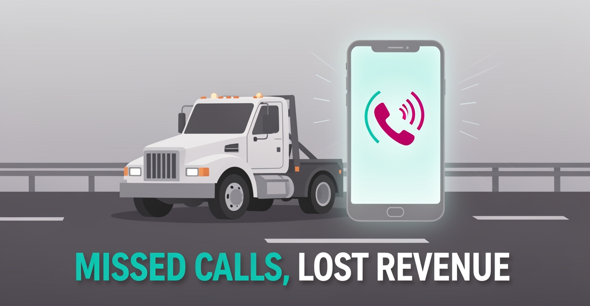 Flat illustration of a tow truck beside a glowing smartphone with an unanswered incoming call, accented in teal and magenta.