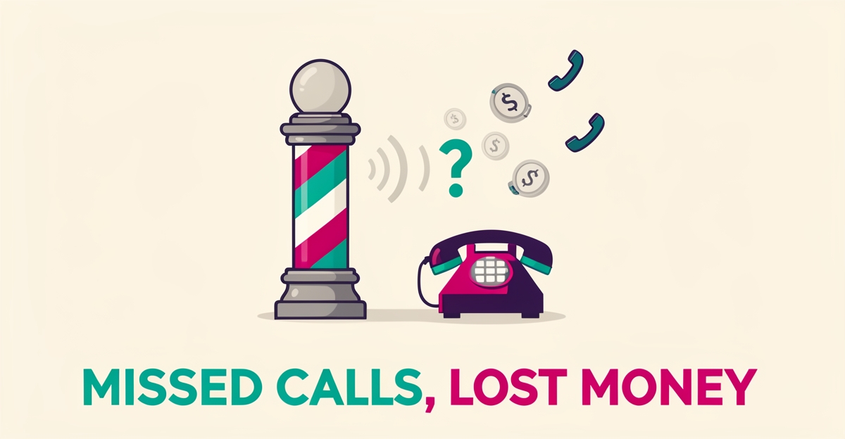 Flat illustration of a barber pole and unanswered ringing phone with floating missed-call icons, symbolizing lost barbershop revenue.