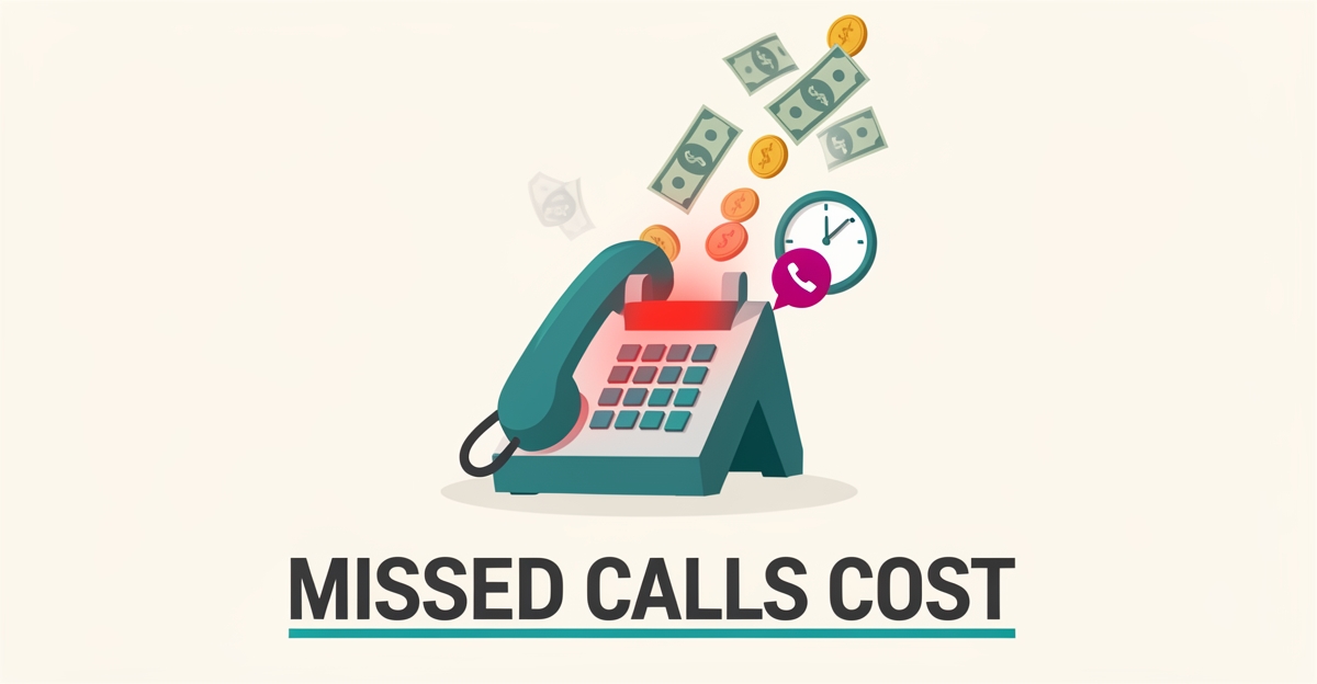 Flat illustration of a ringing desk phone with money slipping away, representing lost revenue from missed calls at moving companies.