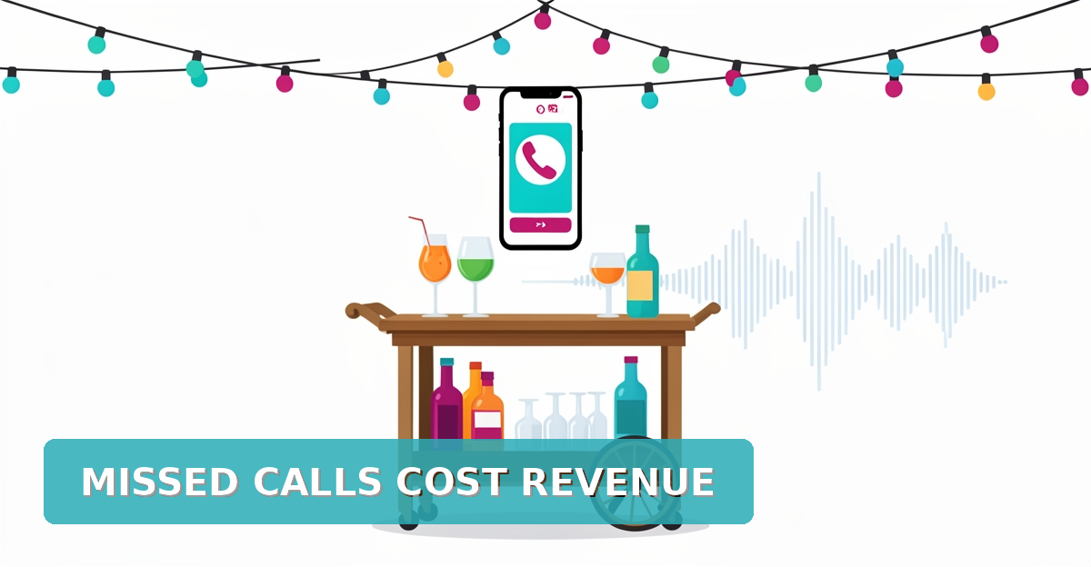 A minimalist flat illustration of a mobile bar at an event with a smartphone showing a missed call and AI voice agent graphics, using brand colors #2aabb6 and #d946ef as accents.