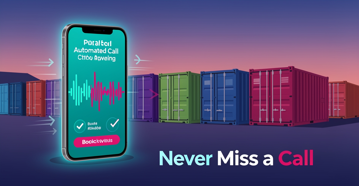 Portable storage facility at dusk with smartphone showing AI voice receptionist capturing calls 24/7.