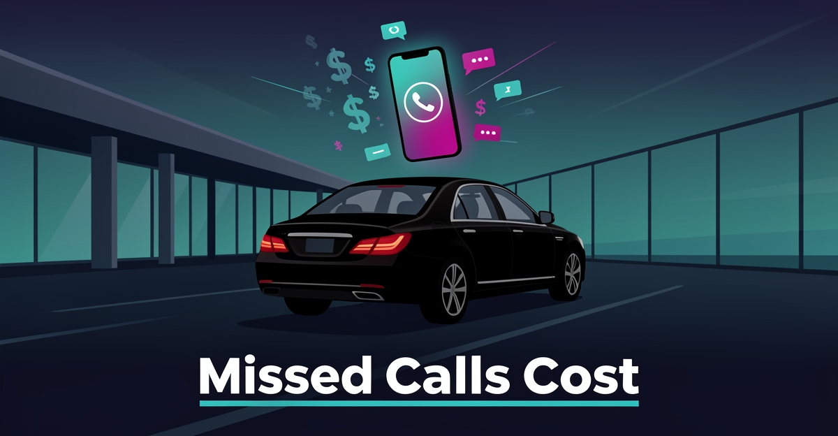 Flat illustration of a luxury chauffeur sedan at an airport with an unanswered phone call and fading dollar symbols representing lost revenue.