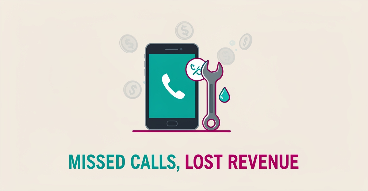 Flat illustration of a missed call notification beside a wrench and drifting coins, symbolizing lost plumbing revenue, with a bold headline.