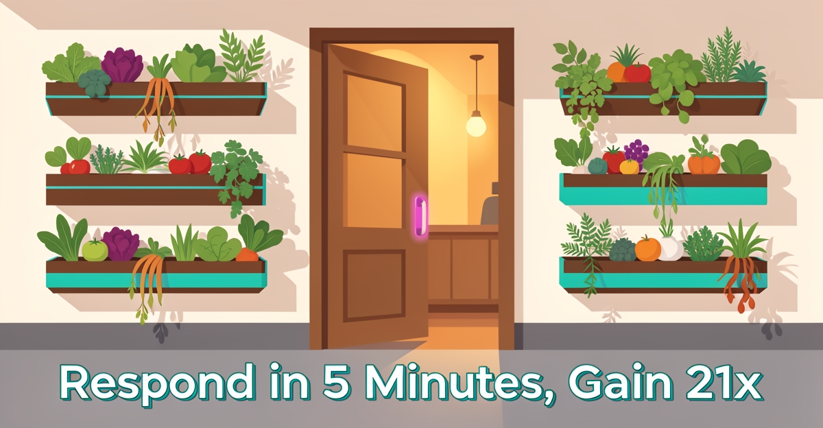 A minimalist flat illustration of a farm-to-table restaurant with vertical herb planters and warm lighting, featuring the headline 'Respond in 5 Minutes, Gain 21x' in the lower third as a designed accent