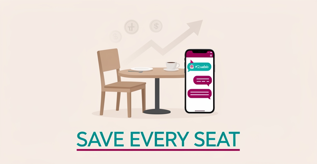 Flat illustration of an empty restaurant brunch table beside a phone with a reminder notification, symbolizing recovered reservation revenue.
