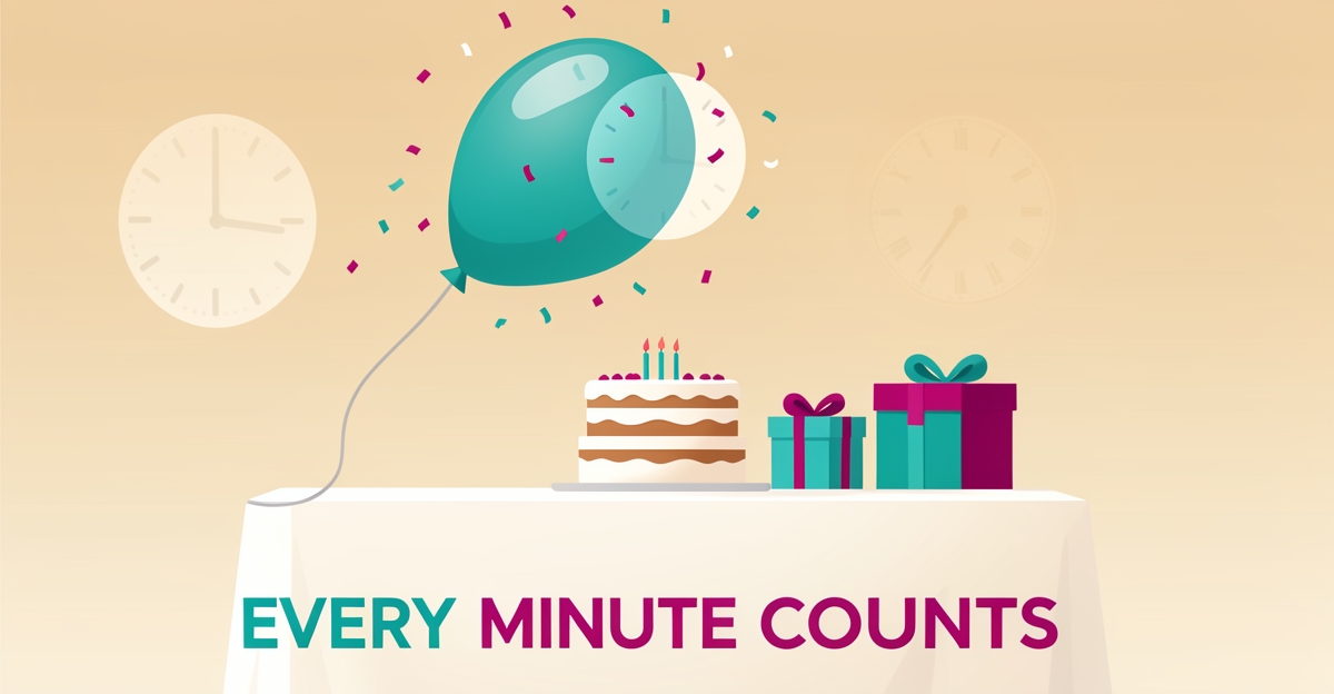 Flat illustration of a birthday balloon drifting from an empty party table with a melting clock, symbolizing missed moments from slow response times.