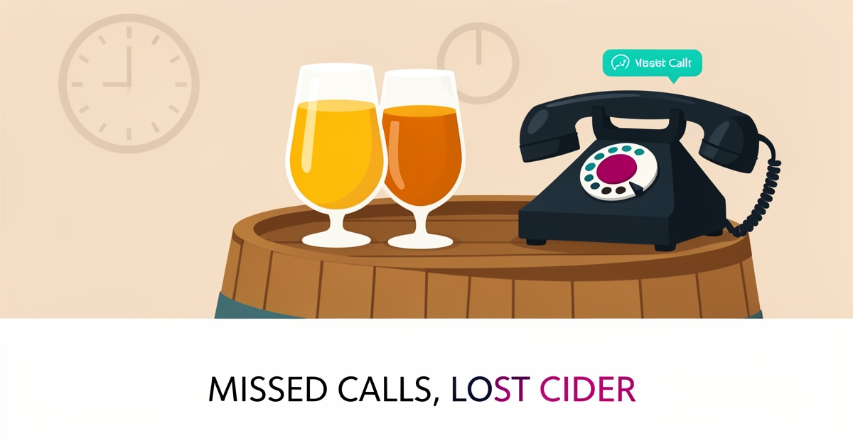 Flat illustration of cider glasses and a missed call phone in a tasting room, symbolizing lost revenue from unanswered event inquiries.