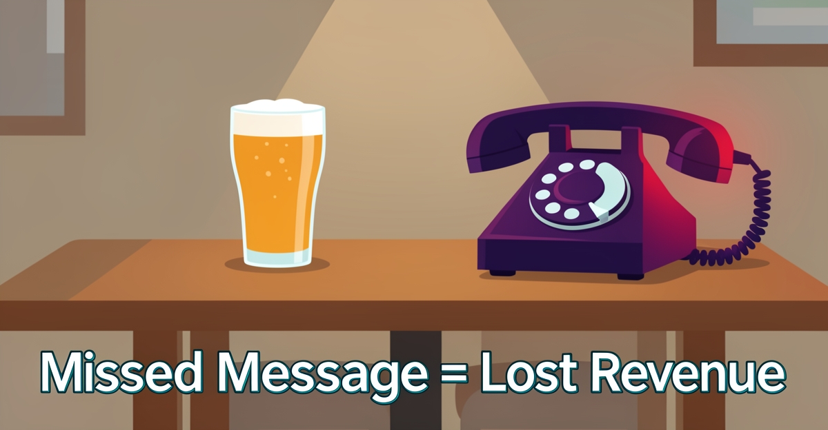 Flat illustration of a gastropub table with a blinking phone and beer glass, symbolizing missed customer messages and lost revenue, with brand color accents.