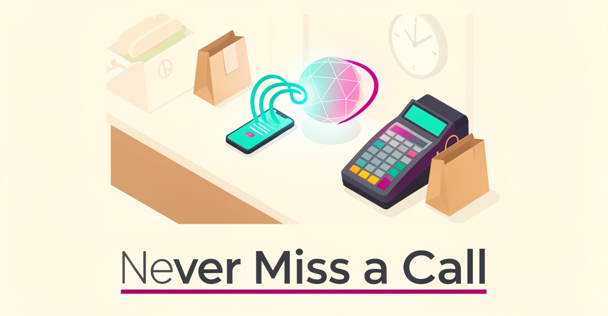 Flat illustration of a sandwich shop phone with AI sound waves capturing calls during a busy lunch rush, accented in teal and magenta.