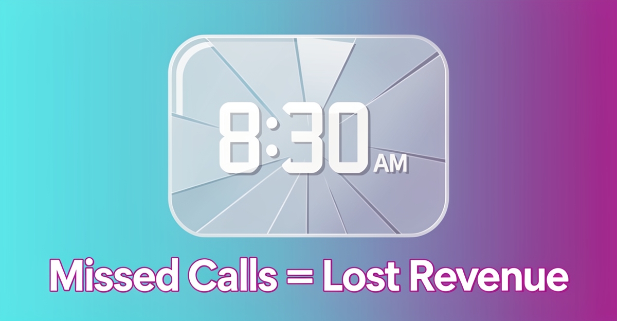 A minimalist flat illustration of a digital clock at 8:30 AM with cracked mirror texture and brand-colored accents, illustrating the financial impact of missed morning repair calls.