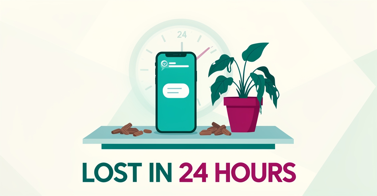 Flat illustration of a phone with a fading 24-hour clock and wilting plant, symbolizing a missed mulching inquiry costing a landscaping deal.
