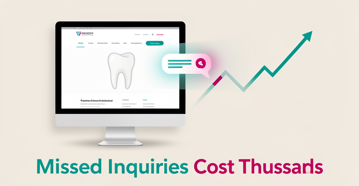 Flat illustration of a dental website on a monitor with a fading missed message notification, symbolizing lost implant patient inquiries.