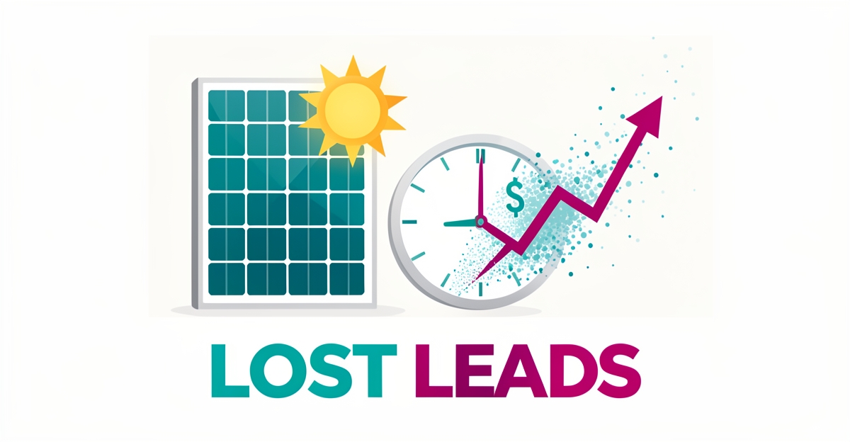 Flat illustration of a solar battery, clock, and fading revenue graph symbolizing the cost of slow lead response, with headline Lost Leads.