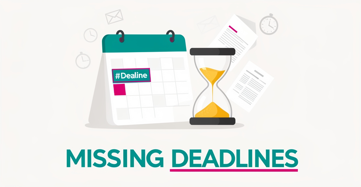 Flat illustration of a calendar, hourglass, and slipping application documents symbolizing missed student application deadlines, accented in teal and magenta.