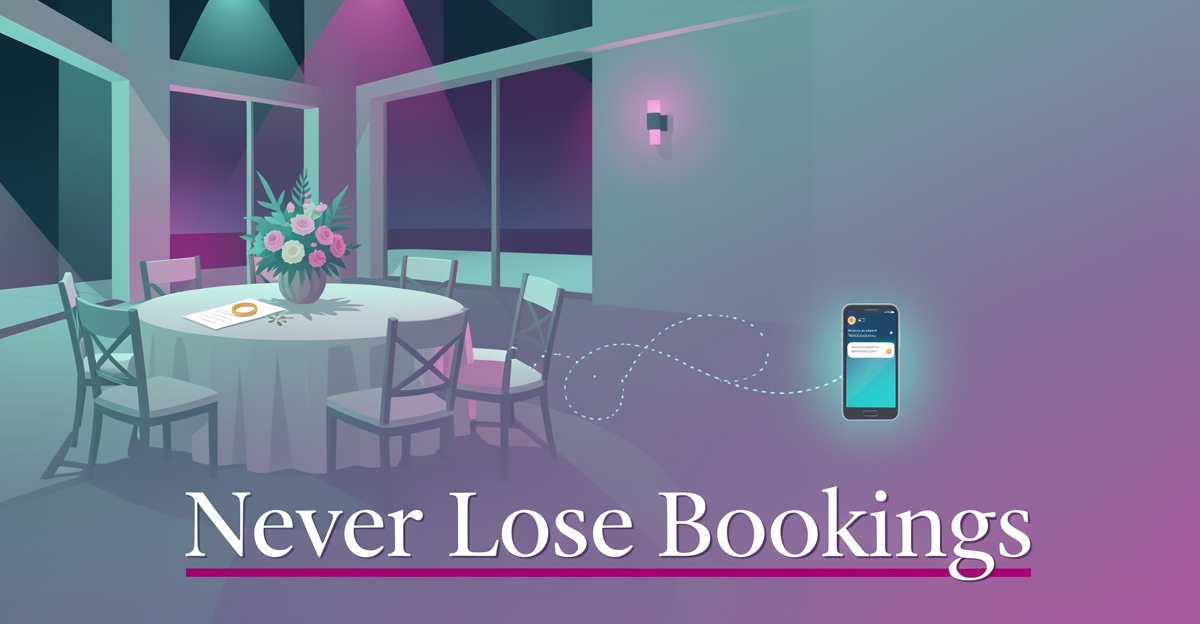 Flat illustration of an empty wedding venue with a glowing phone notification, symbolizing AI preventing lost wedding bookings.