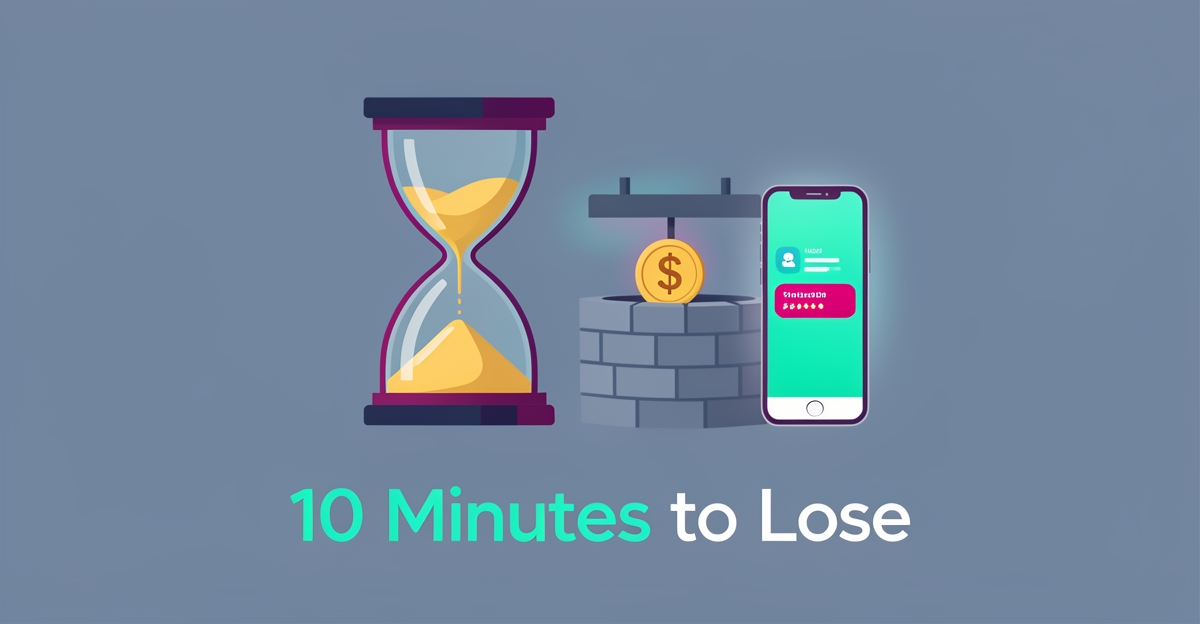 Flat illustration of an hourglass beside a water well and smartphone with a missed alert, symbolizing lost well drilling leads and revenue.
