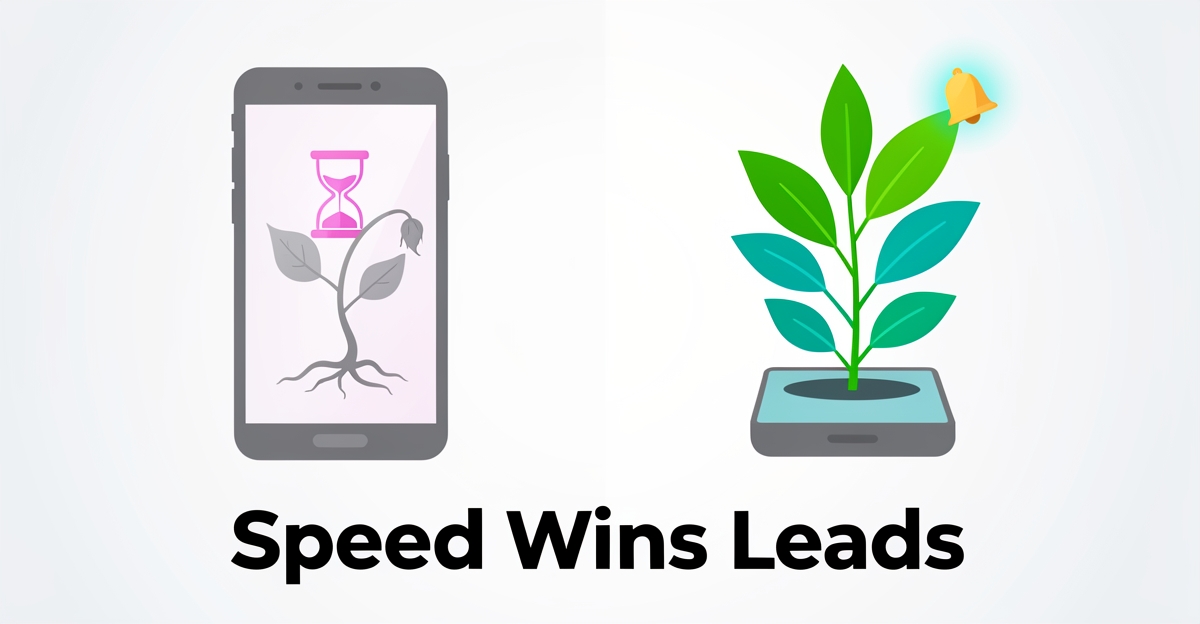 Illustration comparing a wilting plant representing a missed business inquiry with a thriving plant symbolizing a fast, successful lead response.
