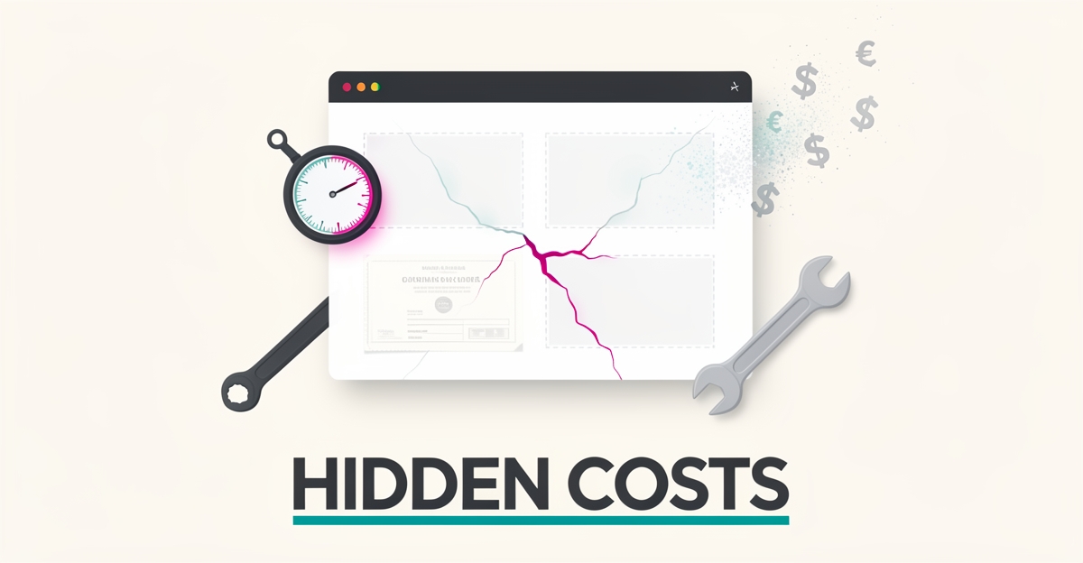 Flat illustration of a website with missing equipment and calibration details, showing trust and revenue eroding away in teal and magenta accents.